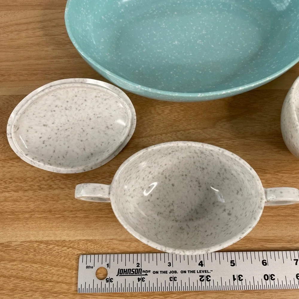 Vintage MCM Melamine Confetti Serving Set Turquoise Yellow White 5pc Speckled